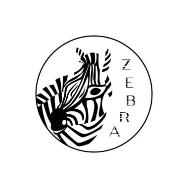 Logo Zebra 'yı mağaza ve mağaza için daire şeklinde dizayn etti. Siyah ve siyah çizgili. Vektör çizimi. Doku harfleri. Düz tasarım.
