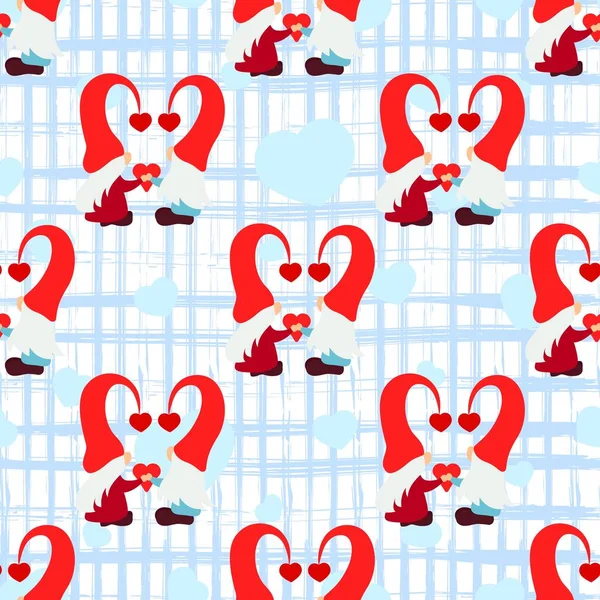 Απρόσκοπτη μοτίβο με gnome ζευγάρι, καρδιά, υφή τετράγωνες ρίγες. Ερωτικό υπόβαθρο. Ημέρα του Αγίου Βαλεντίνου έννοια διακοπών. — Διανυσματικό Αρχείο