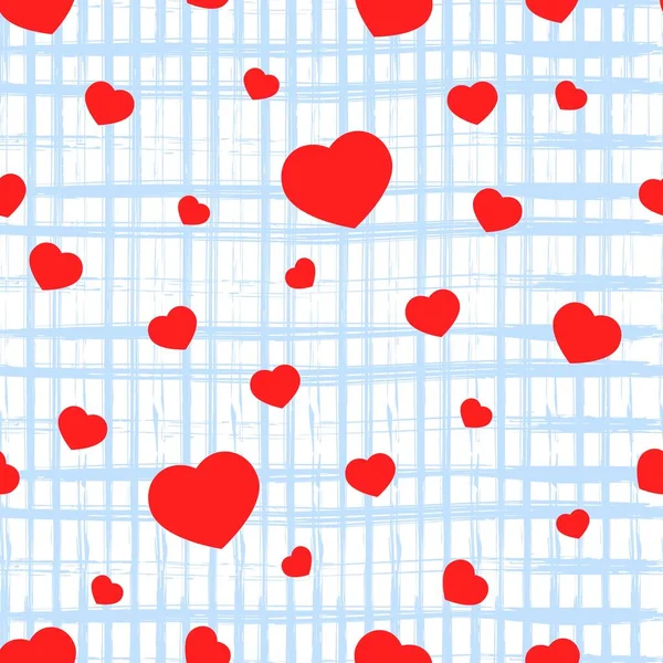 Modello senza cuciture con cuore rosso, texture quadrata di strisce blu su bianco. Lo sfondo di San Valentino. Concetto d'amore. Per carta da parati, confezione regalo, scrapbooking, vestiti tessuto tessile — Vettoriale Stock