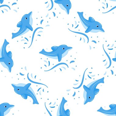Mavi komik yunusla kusursuz desen. Vektör arkaplanı. Bebek kumaşı tekstili. Yaz arkaplanı. Paket, paket ürün, gömlek baskısı için..