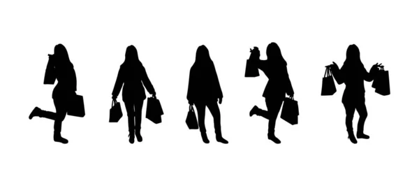 Set von Silhouetten von Shopping-Frau mit Taschen. Schwarze Farbe. Verschiedene Posen. Dicke Figur. Vektorillustration. — Stockvektor