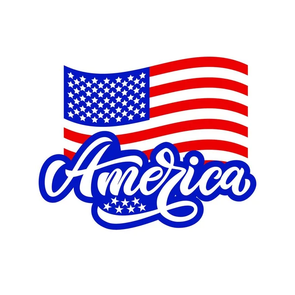 America con bandiera americana. Concetto patriottico durante Giorno d'indipendenza. Illustrazione vettoriale. Scrivere a mano disegno lettering. — Vettoriale Stock
