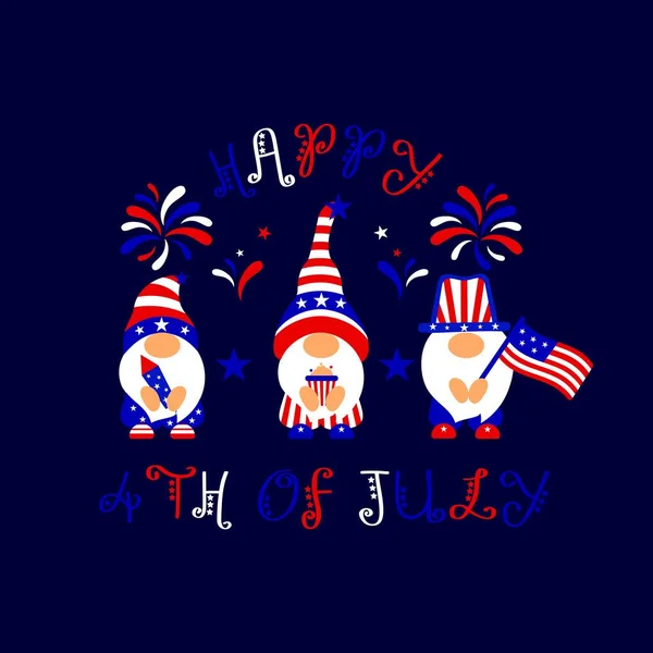 Patriotic gnomes Happy 4th of July με αμερικάνικη σημαία, ποπ κορν, πυροτεχνήματα. Εικονογράφηση διανύσματος. Έννοια ημέρα ανεξαρτησίας. — Διανυσματικό Αρχείο