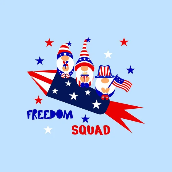 Gnomi patriottici su razzo, divertente citazione Freedom Squad. 4 luglio concept con bandiera americana, popcorn, fuochi d'artificio, stelle. — Vettoriale Stock
