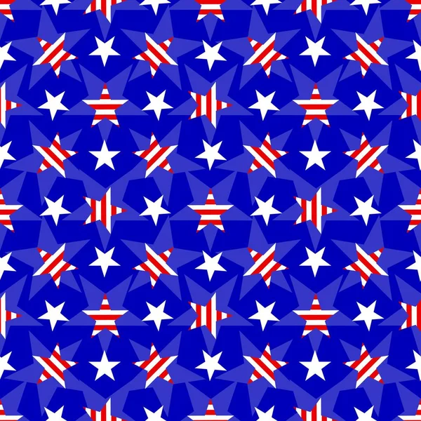 Seamless pattern with red white stripes stars on blue background. Patriotic backdrop. Vector illustration — Stock Vector