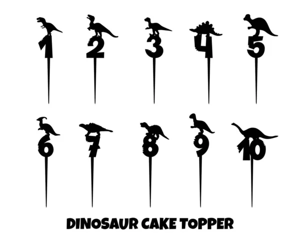 Cake topper with ten numbers and dinosaur silhouettes. Vector illustration for laser cut machines. Decor for pie, cupcake — Stock Vector