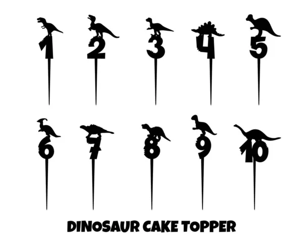 Торт с десятью номерами и силуэтами динозавров. Векторная иллюстрация для машин лазерной резки. Декор для пирога, кекс — стоковый вектор