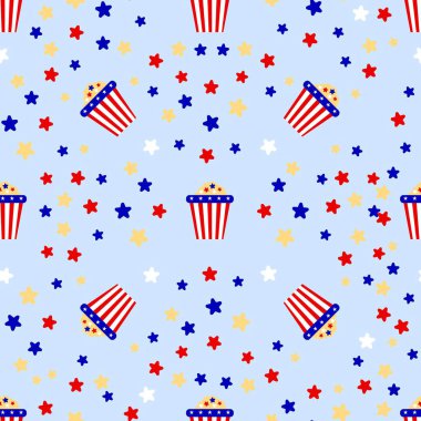 Amerikan bayrağı renginde patlamış mısır kutusuyla kusursuz bir desen. Kırmızı mavi beyaz