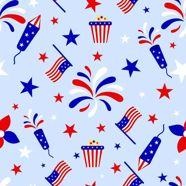 Modello senza cuciture con stelle bianche blu rosse, fuochi d'artificio, bandiera americana, razzo. Contesto patriottico. — Vettoriale Stock