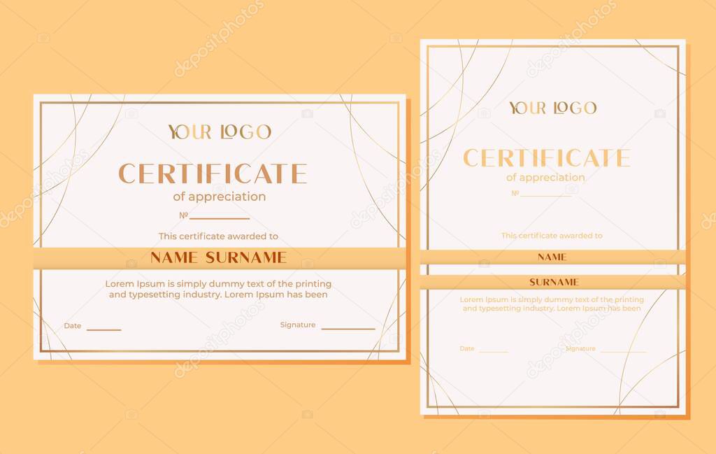 Certificates of appreciation vertical, horizontal. Vector templates. Elegant design. Golden colors. Education concept.