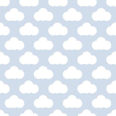 Gökyüzünde beyaz bulutlar olan kusursuz bir desen. Çocuklar basar. Vektör arkaplanı. Çocuk geçmişi. Ayrıca hatıra defteri için dijital kağıt olarak.