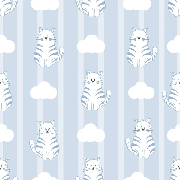 Motif Enfant Sans Couture Avec Chat Drôle Nuages Blancs Sur — Image vectorielle