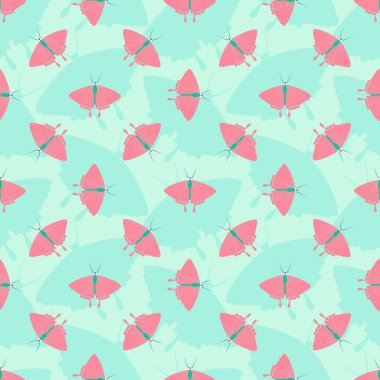 Pembe kelebekli kusursuz desenli mavi arka planda böcek silueti. Vector yaz dönemi arka planı. Duvar kağıdı, ambalaj, kumaş tekstil baskısı, kapak, fayans tasarımı.