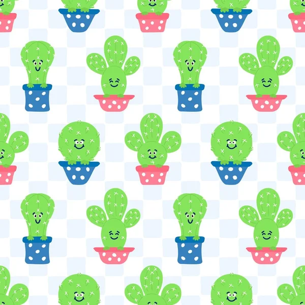 Seamless Kids Pattern Cacti Flower Pots Square Background Vector Children — 图库矢量图片