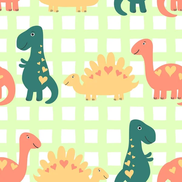 Modèle enfants sans couture Dinosaures avec coeur sur fond carré vert. Vecteur enfants toile de fond. — Image vectorielle