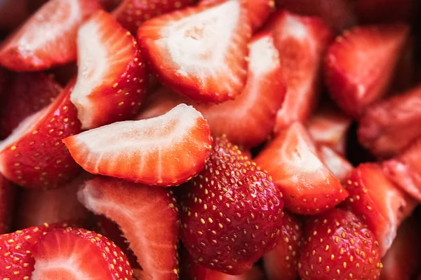 Background texture of sliced strawberries. Layout, mockup