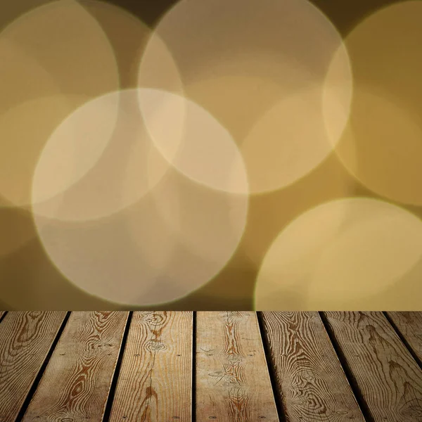 The background is an empty wooden board and a wall of blurred bokeh lights. For product demonstrations, free space, layout, mockup, perspective board, background board.