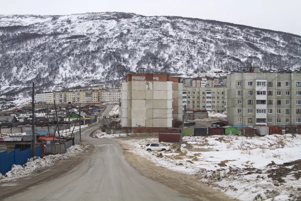 MAGADAN, RUSSIA - DECEMBER 22: Old Soviet barracks on the shores of the Sea of Okhotsk in Magadan on December 22, 2014 in Magadan.