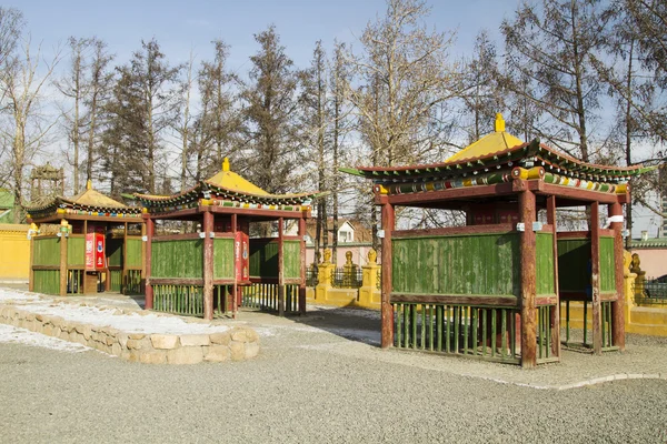 Prayer drums with mantras in one of the Buddhist temples in Mongolia — Stock Photo, Image