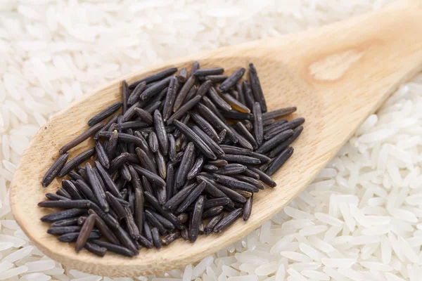 Black wild rice in a wooden spoon on a background of white rice — Stock Photo, Image