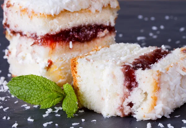 Cake with sprinkles of coconut and mint leaves — Stock Photo, Image