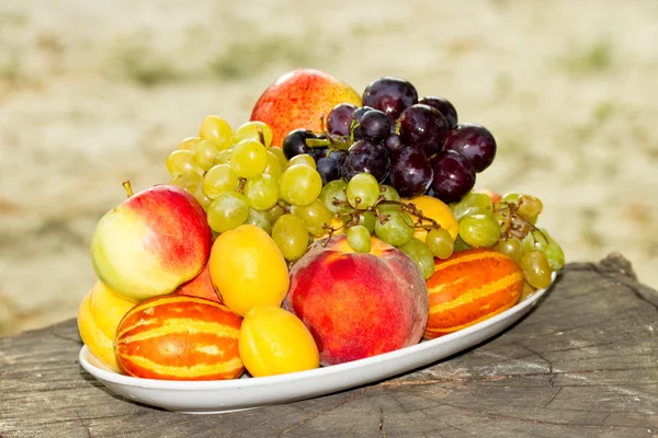 Fruits on a plate on a big old tree stump in the garden — Stock Photo, Image