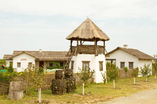 TAMÁN, RUSIA - 12 DE AGOSTO: Antigua choza de lagartijas y daub y una torre de observación cosaca en la aldea etnográfica Ataman el 12 de agosto de 2015 en Taman . —  Fotos de Stock