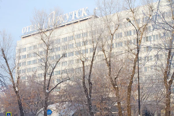 IRKUTSK, RUSIA - 19 DE DICIEMBRE: Hotel "Irkutsk", ex "Intourist" - la vista a través de las ramas de árboles cubiertos de nieve el 19 de diciembre de 2015 en Irkutsk . — Foto de Stock