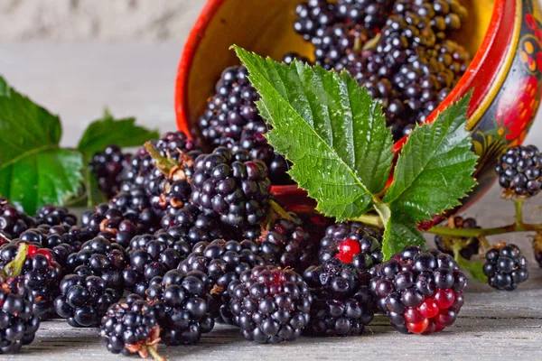 Blackberries on the old wooden table in traditional Russian dish — Stock Photo, Image