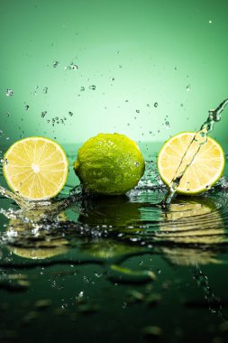 Arkaplanda iki yeşil limon ve su damlaları var.