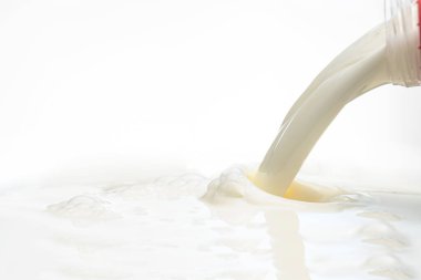Beyaz arka planda plastik bir şişeden sütü yüzeye dökerek.