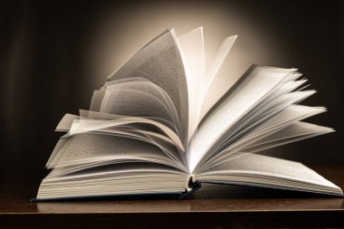 Gri arkaplanda açık bir günlüğün sayfalarını çevirmek