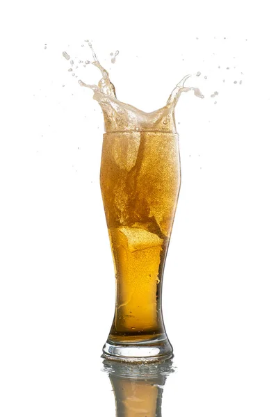 Splash Falling Ice Glass Foamy Beer White Background Isolated — Stock Photo, Image