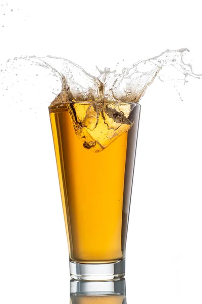 Splash Falling Ice Glass Foamy Beer White Background Isolated — Stock Photo, Image