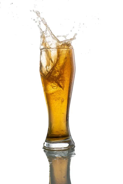 Splash Falling Ice Glass Foamy Beer White Background Isolated — Stock Photo, Image