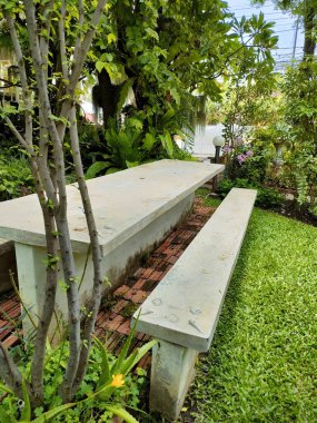 Arka bahçedeki uzun yemek masası. Bu bir bahçe arka planı..