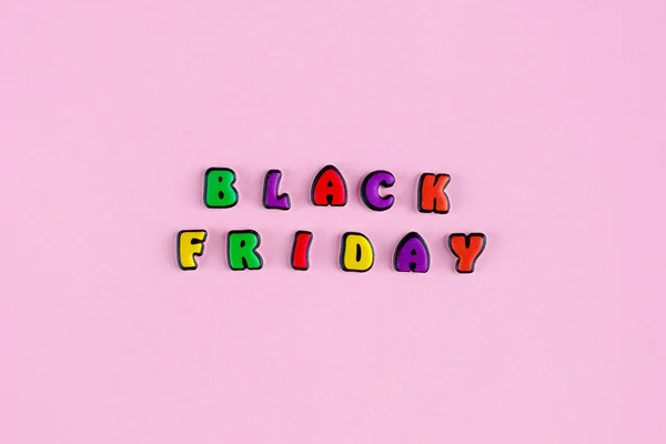 Inscription Black Friday Composed Colored Letters Pink Background Discount Advertisement — Stock Photo, Image