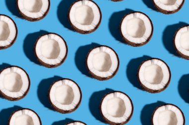 Taze hindistan cevizli desen, pastel mavi arka planda ikiye bölünmüş. Yarım hindistan cevizi, az düz stil, üst manzara. Yaz konsepti.