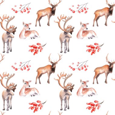 Hayvanlarla dolu kış ormanının suluboya çizimi - kusursuz desen