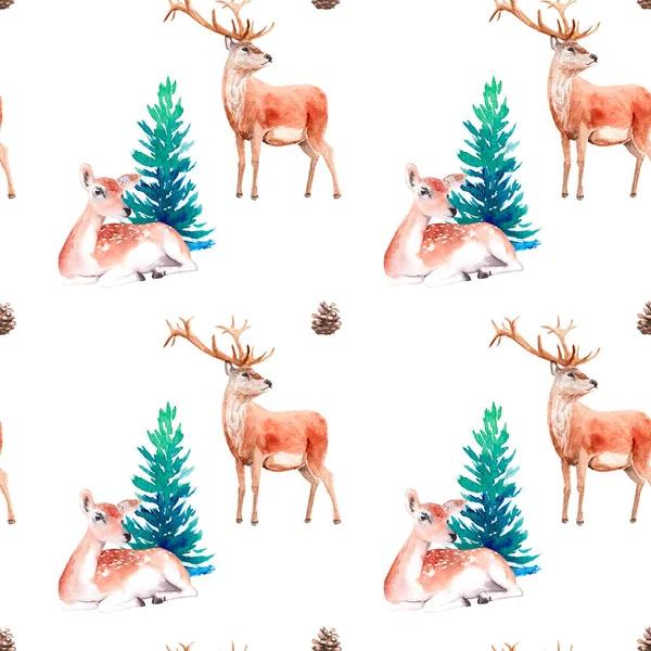 Akwarelowy Rysunek Zimowego Lasu Zwierzętami Bezszwowy Wzór — Zdjęcie stockowe