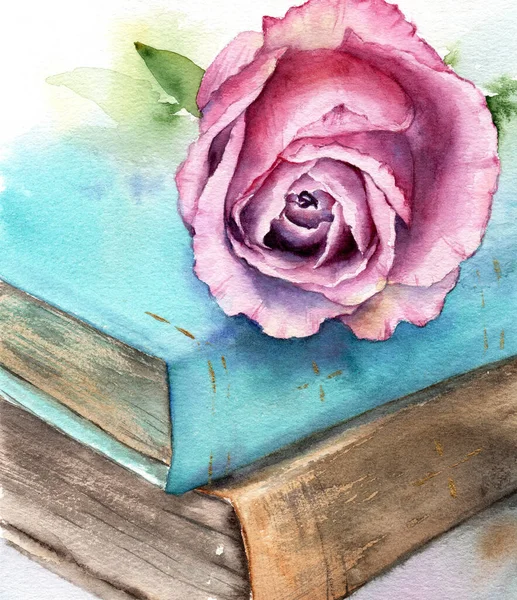 Акварельний малюнок троянда, квітка на старих книгах — стокове фото
