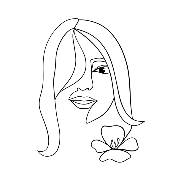 Cara de mujer con flor. Dibujo continuo de línea. línea — Vector de stock