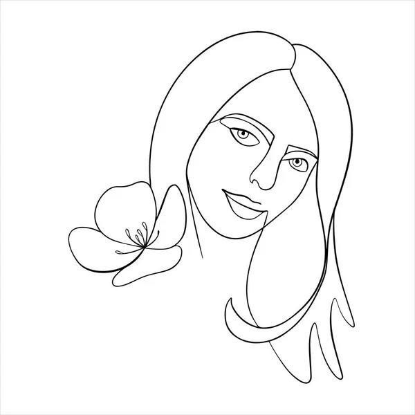 Cara de mujer con flor. Dibujo continuo de línea. línea — Vector de stock