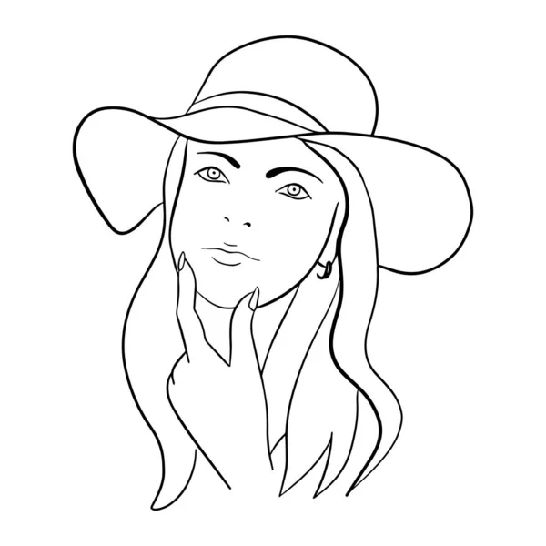 Cara de mujer abstracta con sombrero. Dibujo continuo de línea. — Vector de stock
