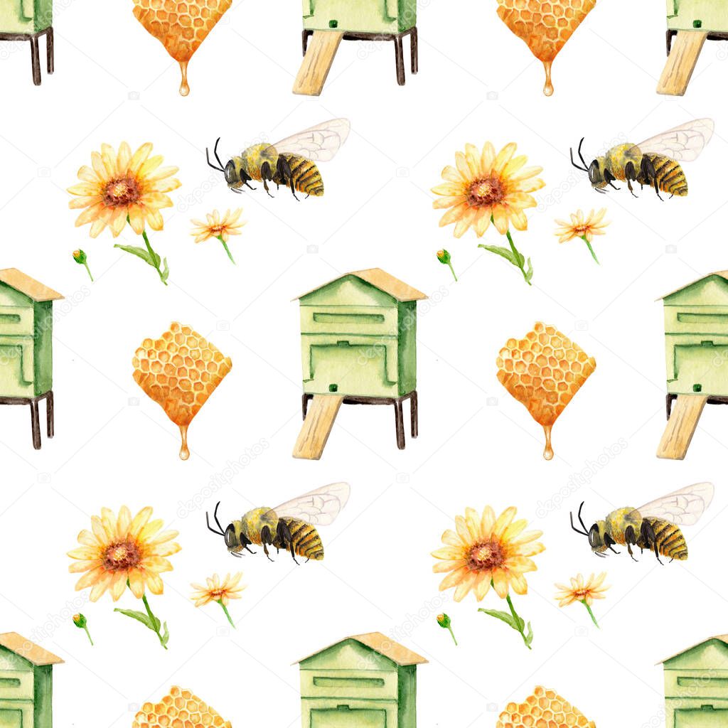 watercolor seamless pattern - apiary in the meadow