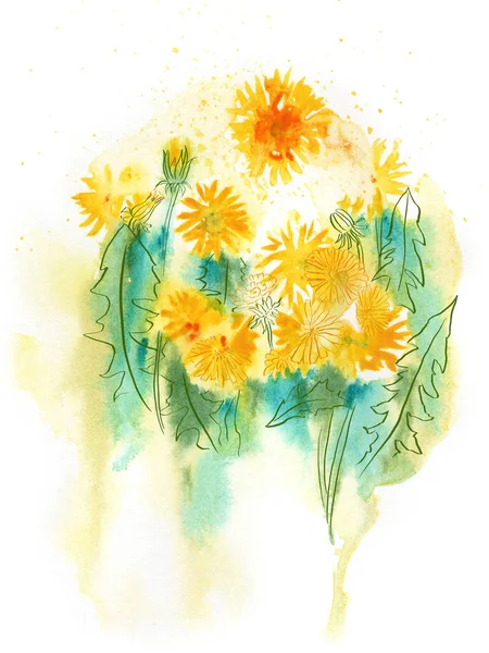 Latar belakang bunga cat air abstrak dengan garis dandelion — Stok Foto