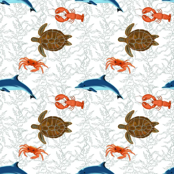 Cyfrowy bezszwowy wzór - zwierzęta morskie i oceaniczne — Zdjęcie stockowe