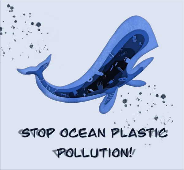 Detener la contaminación plástica oceánica. ilustración en papel. Afiche ambiental. — Foto de Stock