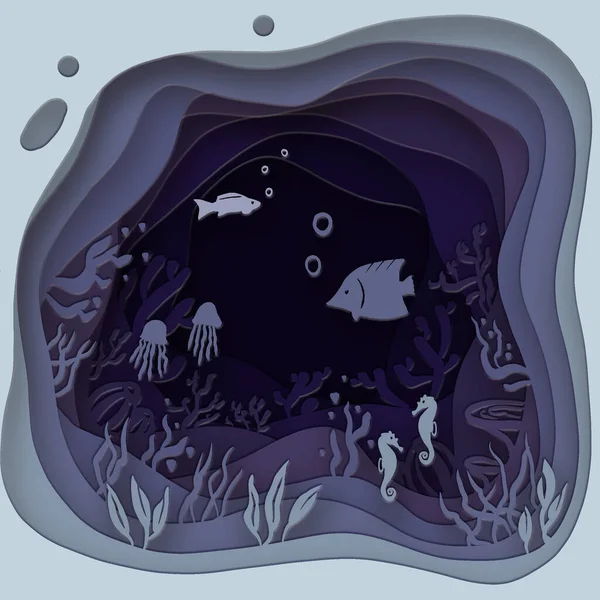 Papel artesanal profundidad bajo el agua cueva marina con peces, arrecife de coral. — Foto de Stock