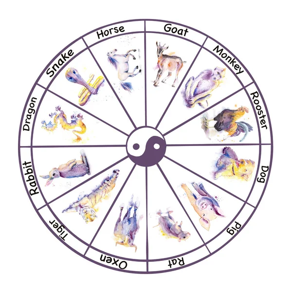 Okrągły Chiński Kalendarz Akwarela Zwierząt Lat Dwanaście Chińskich Zwierząt Zodiaku — Zdjęcie stockowe